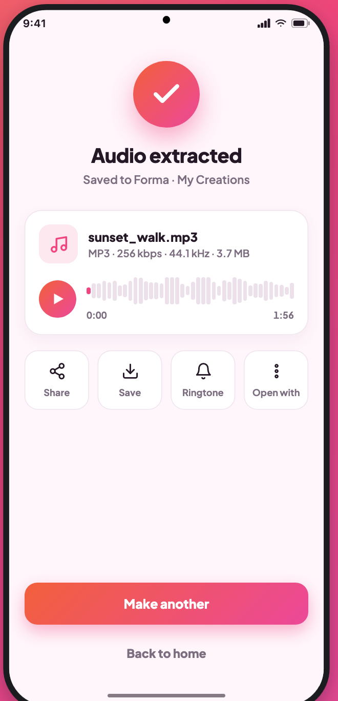 Export finished screen with save and share actions
